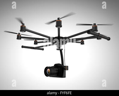 Octocopter exerçant son appareil photo DSLR isolé sur fond gris. Le rendu 3D image. Banque D'Images