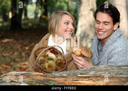 Couple cueillette de champignons et châtaignes en forêt Banque D'Images