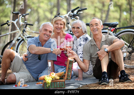 Deux couples plus âgés bénéficiant d''un pique-nique dans les bois Banque D'Images