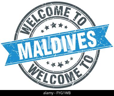 Bienvenue aux Maldives ronde bleu vintage stamp Illustration de Vecteur