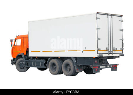 Chariot avec un récipient sur un fond blanc. Banque D'Images