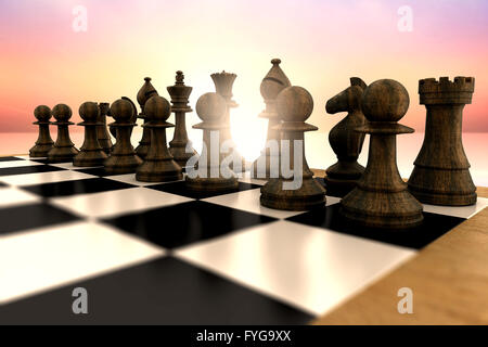 Image composite de pièces d'échecs noir à bord Banque D'Images