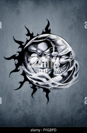 Croquis de l'art du tatouage, le soleil et la lune Banque D'Images