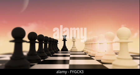 Image composite des pions noirs et blancs face off avec le roi et la reine Banque D'Images