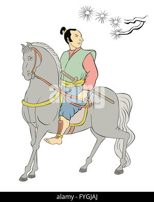 Samurai Warrior riding horse Banque D'Images