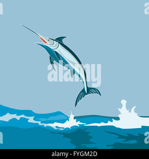 Blue Marlin Fish Jumping Retro Banque D'Images