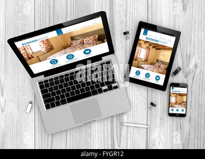 Les appareils numériques générés sur une table en bois. ordinateur portable, tablette et smartphone blanc avec composé réactif site de réservation en ligne . Banque D'Images