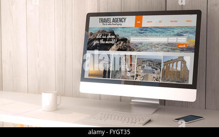 Rendre l'espace de travail numérique généré par ordinateur et smartphone avec l'agence de voyage en ligne sur l'écran. Tous les graphiques sont l'écran Banque D'Images