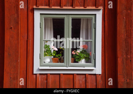 Fenêtre carrée avec des fleurs sur le bas de caisse à Gamla Linköping, Suède Banque D'Images