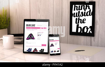 Tablette numérique générée et téléphone sur un bureau de travail avec boutique en ligne à l'écran. Tous les graphiques sont constitués. Banque D'Images