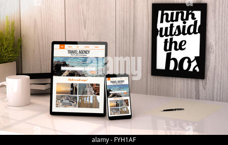 Tablette numérique générée et téléphone sur un bureau de travail agence de voyages site sur écran. Tous les graphiques sont constitués. Banque D'Images