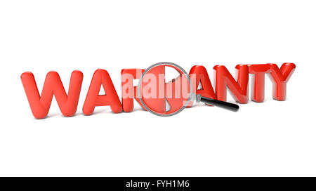 Texte de la garantie avec loupe isolé sur fond blanc Banque D'Images