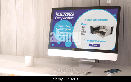 Rendre l'espace de travail numérique généré par ordinateur et smartphone. comparateur assurance site sur écran. Tous les graphiques sont l'écran Banque D'Images