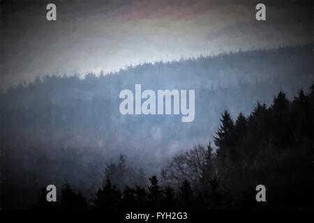 Peinture forêt sombre dans la brume matinale. Banque D'Images