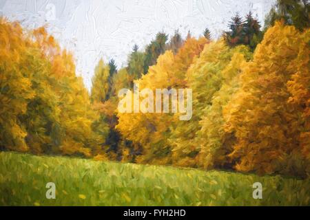 Peinture à l'huile paysage d'automne avec les feuilles d'automne en forêt. Banque D'Images