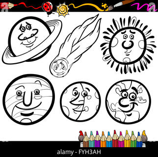 Planètes Cartoon et orbes page à colorier Banque D'Images