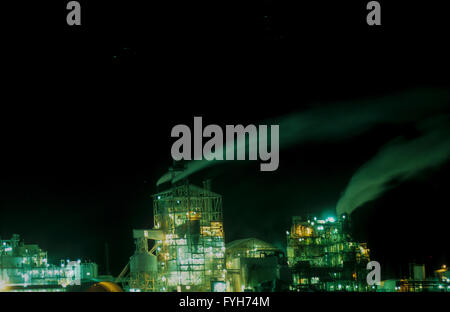 La pollution de l'air- cheminées fumer la nuit, à l'usine de phosphate, Néguev, Israël Banque D'Images