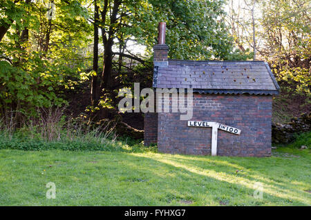 Un 19e siècle bâtiment victorien railway trackside et signe indiquant une pente de 1 à 100, dans le Derbyshire, Angleterre. Banque D'Images