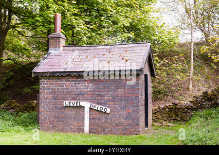 Un 19e siècle bâtiment victorien railway trackside et signe indiquant une pente de 1 à 100, dans le Derbyshire, Angleterre. Banque D'Images