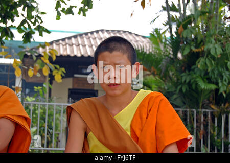 Jeunes moines du Wat Phra Singh de chiang mai vous détendre dans leurs robes oragne comme ils discuter entre eux Banque D'Images