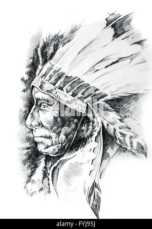 Croquis de l'art du tatouage, Native American Indian Head, chef, isolé Banque D'Images