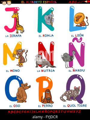 Cartoon alphabet espagnol avec des animaux Banque D'Images