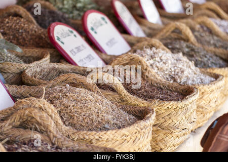 Des paniers en osier, de fines herbes médicinales Herbes farci de guérison Banque D'Images