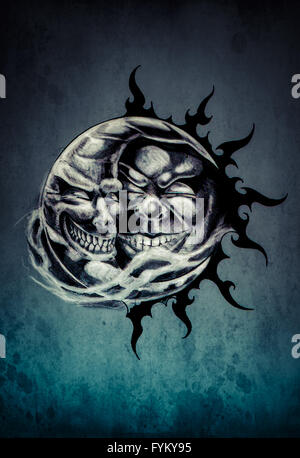 Croquis de l'art du tatouage, le soleil et la lune Banque D'Images