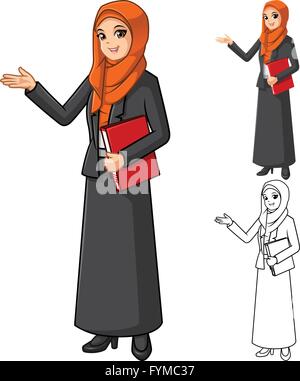 Muslim Woman Voile Orange ou un foulard avec mains accueillant Personnage Vector Illustration Illustration de Vecteur