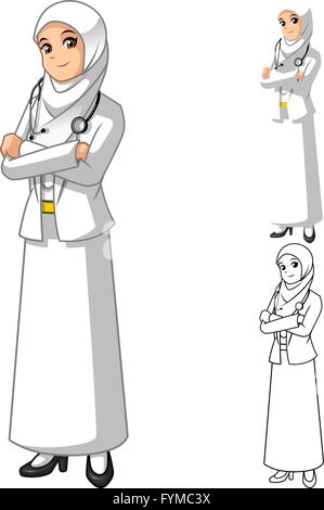 Femme médecin musulmane portant le voile ou un foulard blanc avec plié mains Personnage Vector Illustration Illustration de Vecteur