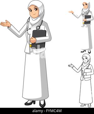 Femme médecin musulmane portant le voile ou un foulard blanc avec mains accueillant Personnage Vector Illustration Illustration de Vecteur