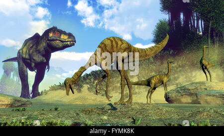 Tyrannosaurus rex dinosaures gallimimus surprenant - 3D render Banque D'Images