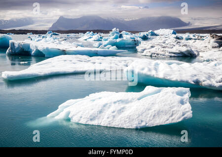 Le lac glaciaire Jökulsárlón, à l'Islande. Des fragments d'icebergs blancs dans un lac bleu vif. Montagnes en arrière-plan. Banque D'Images