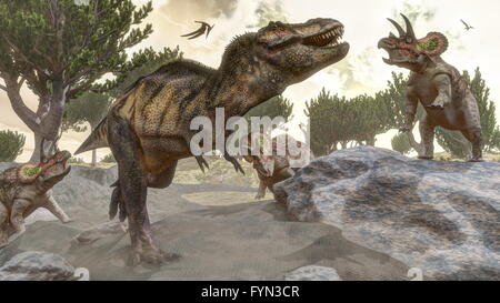 Tyrannosaurus rex s'échappant de triceratops - Attaque de rendu 3D Banque D'Images