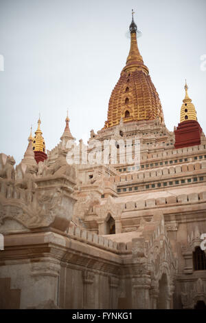 Temple Ananda Bagan Myanmar // BAGAN, Myanmar — le temple Ananda est l'un des plus grands et des plus vénérés des milliers de temples, pagodes et stupas de Bagan, datant à l'origine des XIe-XIIe siècles. Le temple présente un plan de sol cruciforme distinctif avec des halls d'entrée symétriques et une construction en briques avancée utilisant des briques cuites posées dans des motifs rayonnants pour l'intégrité structurelle. Des rénovations importantes sur près d'un millénaire sont clairement évidentes dans l'ensemble de la structure, en particulier à l'extérieur où les multiples applications de stuc et de peinture reflètent l'entretien continu e Banque D'Images