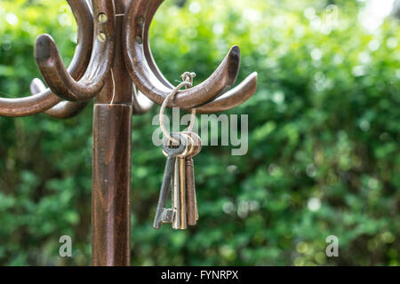 Ensemble d'anciennes clés sur un cintre en bois vintage dans le jardin Banque D'Images