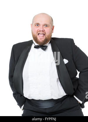 Jolly Fat Man in Tuxedo and Bow tie montre les émotions Banque D'Images