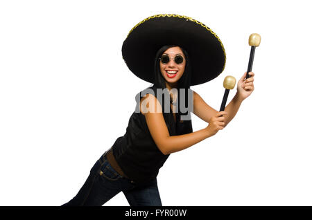 Young attractive woman wearing sombrero on white Banque D'Images
