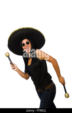 Young attractive woman wearing sombrero on white Banque D'Images