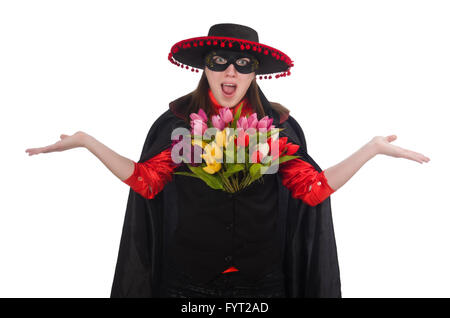 Girl en noir et rouge costume carnaval isolated on white Banque D'Images