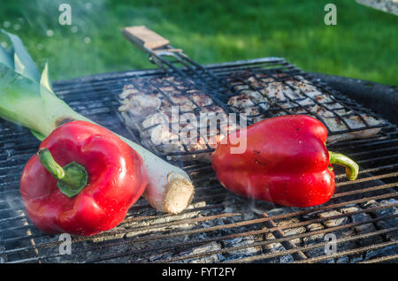 La cuisson des viandes et légumes sur le grill Banque D'Images