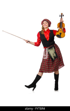 Femme drôle en vêtements écossais avec violon Banque D'Images