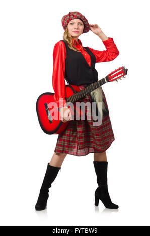 Femme drôle en vêtements écossais avec guitare Banque D'Images