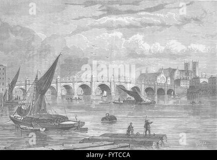 La Tamise : Vieux pont de Westminster en 1754. Londres, antique print c1880 Banque D'Images