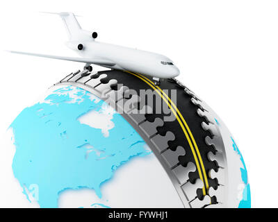 Moteur de rendu 3d image. Globe avec une fermeture éclair et d'avion ouvert sur le dessus. Concept de voyage. Isolé sur fond blanc. Banque D'Images