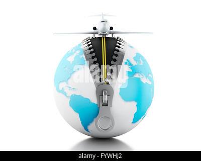 Moteur de rendu 3d image. Globe avec une fermeture éclair et d'avion ouvert sur le dessus. Concept de voyage. Isolé sur fond blanc. Banque D'Images