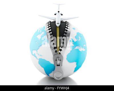 Moteur de rendu 3d image. Globe avec fermeture éclair et ouvert sur le dessus de l'avion, atterrissage sur la route. Concept de voyage. Isolé sur fond blanc. Banque D'Images