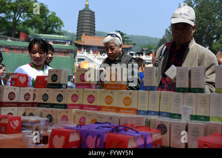 Beijing, Chine. Apr 28, 2016. Les gens achètent du thé Pu'er thé pendant le festival de la culture au Parc Badachu à Beijing, capitale de Chine, le 28 avril 2016. Le 15e Festival de la culture du thé La Chine jardin ouvert ici jeudi. Jundong Crédit : Li/Xinhua/Alamy Live News Banque D'Images