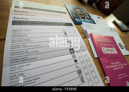 Décisions, décisions - votes par correspondance pour le London Mayoral et membre de l'Assemblée élections n'est pas terminée. La solution est à portée de main avec des dépliants des deux principaux candidats Sadiq Khan (travail) et Zac Goldsmith (Conservateur) ainsi qu'un rose officiel guide pour tous les candidats, intitulé Votre mot à dire. Banque D'Images