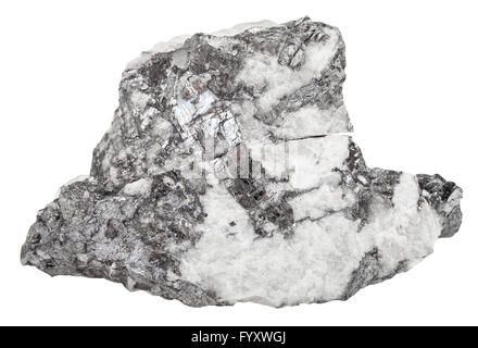 La prise de vue macro des pierres minérales naturelles - gris acier bismuthinite minéral en pierre de quartz isolé sur fond blanc Banque D'Images